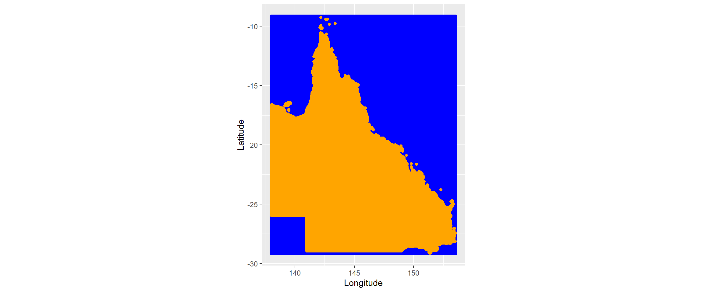 coordinates that we will use for kriging (initial grid in blue and those than intersect with QLD boundary in orange)